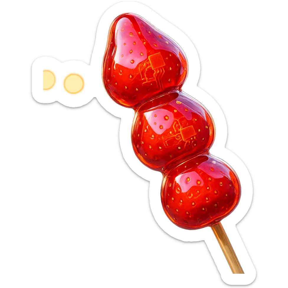 glossy red candied strawberry skewers (Tanghulu) with a crystal-clear sugar coating, reflecting light, held vertically, street food background blurred, high realism, sharp details, vibrant colors sticker