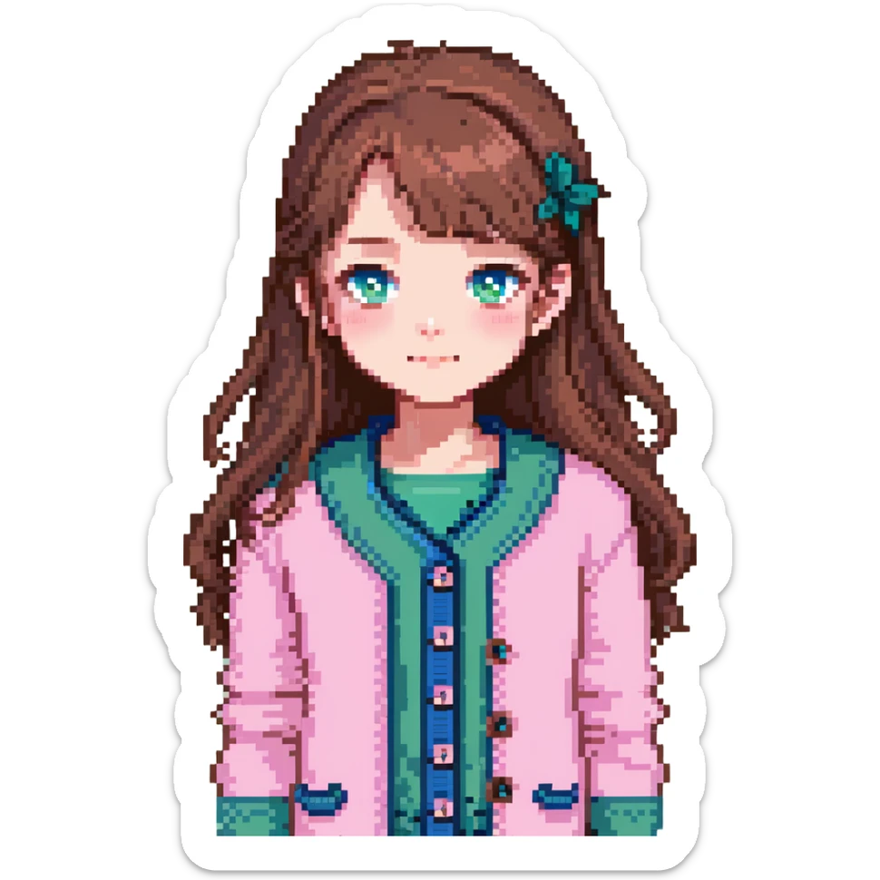 cute girl with long brown hair and blue eyes, wearing a pink cardigan with buttons sticker