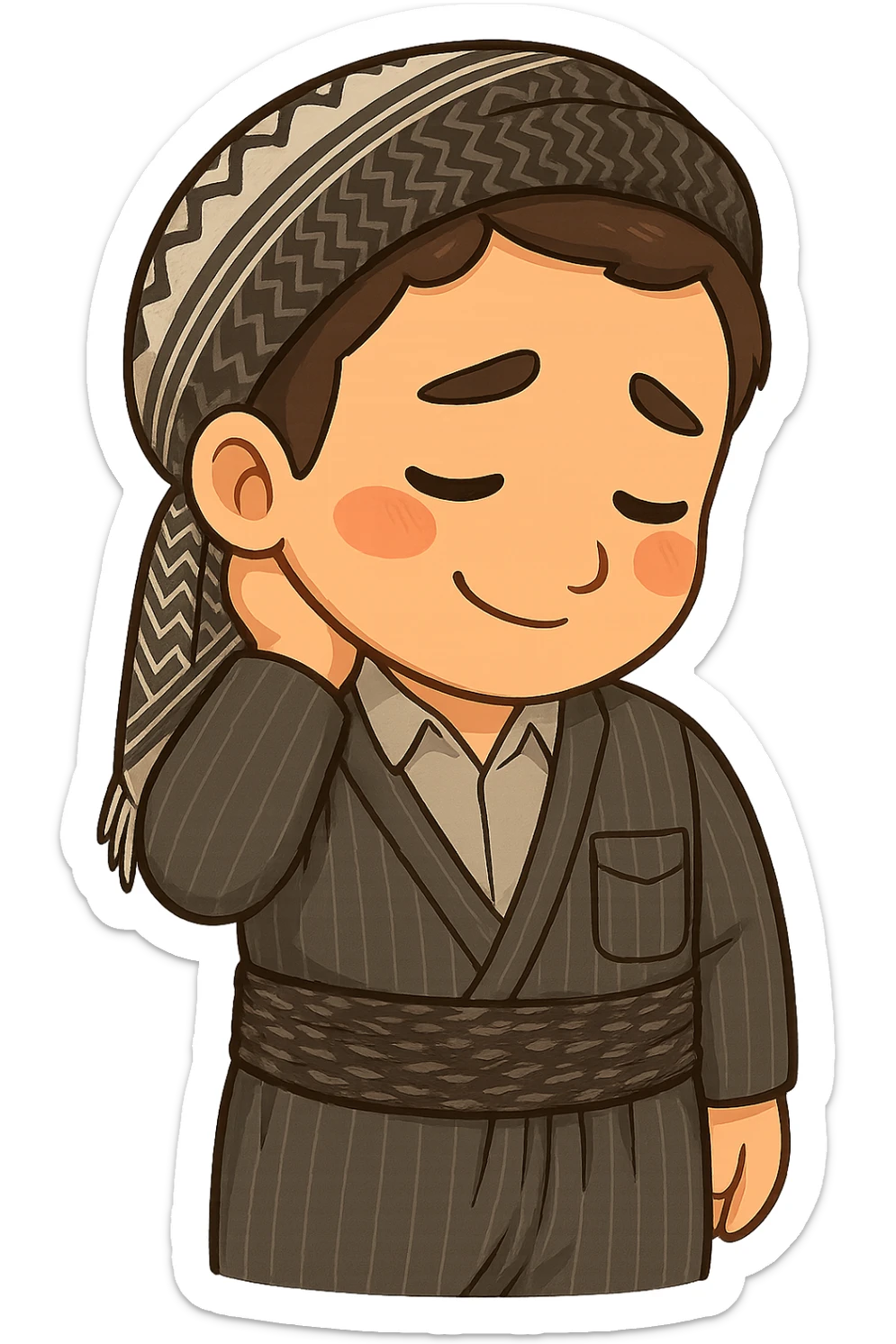 Cartoon sticker of a Kurdish man with the exact same clothes and shawl as the reference images, no changes to clothes or shawl. The face shows a shy expression, one hand behind the neck and head down matching the pose in the reference images. Colorful and cheerful style, no shadows or color halos around the image, no text, suitable for WhatsApp and Instagram, with a fully transparent background. sticker