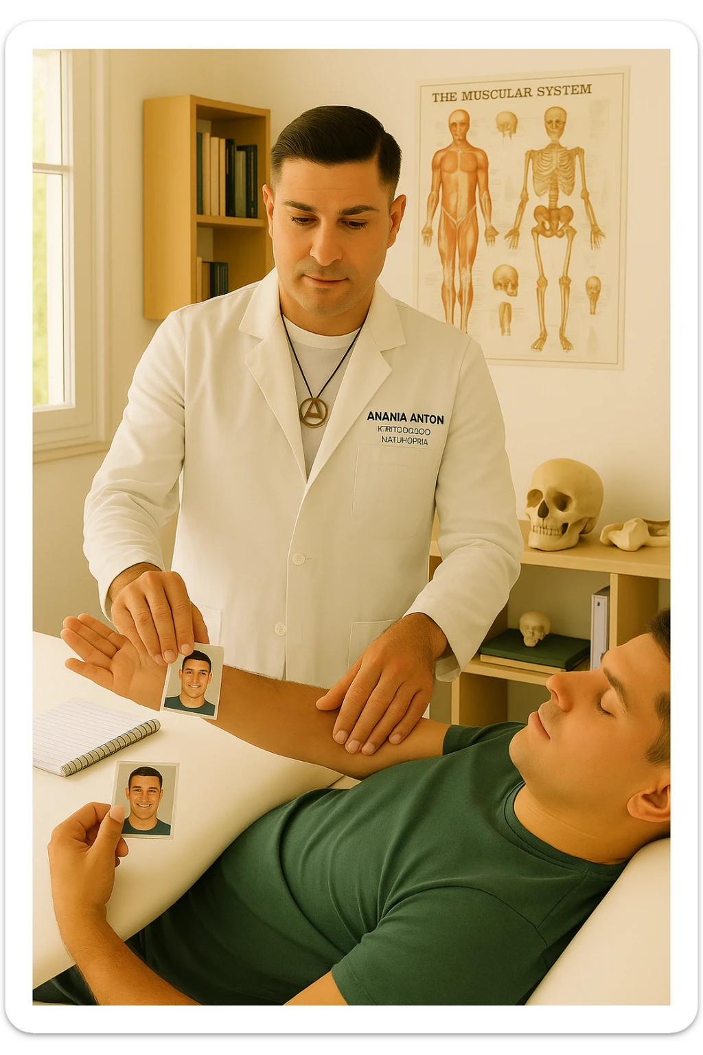 a middle-aged man, dressed in casual professional attire, is in a bright, organized therapy studio. Durante una visita di kinesiologia, il ragazzo tiene con una mano la foto di una persona lontana (il “testimone”) tiene la foto in mano, mentre con l’altra mano esegue un test muscolare su un cliente presente senza foto lui non tiene la foto. Sullo sfondo si vedono libri di kinesiologia, poster anatomici e strumenti tipici della disciplina. L’atmosfera è concentrata e serena, con luce naturale che entra dalla finestra, sottolineando l’aspetto alternativo e umano della pratica. sticker