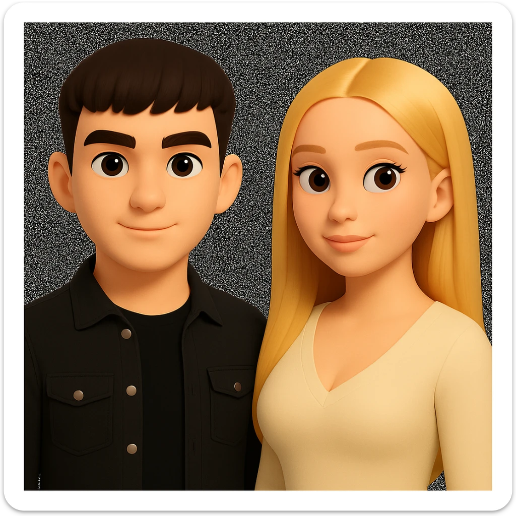 Slightly increase the volume of the upper body of the girl, significantly spread them apart from each other, make the skin color the same for both characters, keep the cartoonish 3D style as in the reference image. sticker