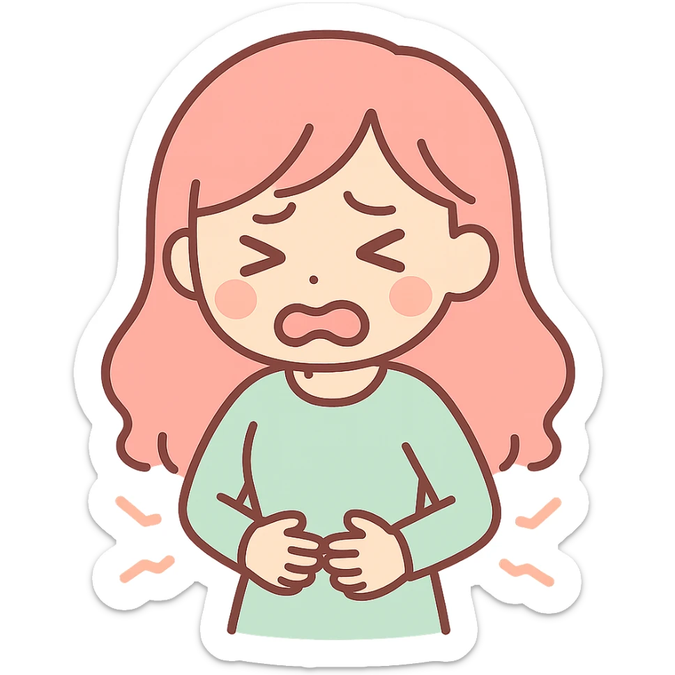 hungry woman holding her belly, face looks very uncomfortable, anime style, dramatic lighting sticker