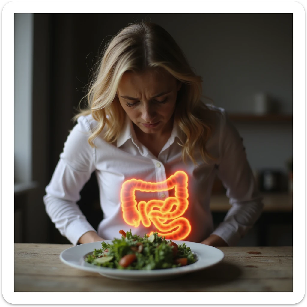 adult woman, photorealistic, intestinal pain, sitting at table with salad plate, intestine highlighted with glow effect, suffering expression, natural light, kitchen background sticker