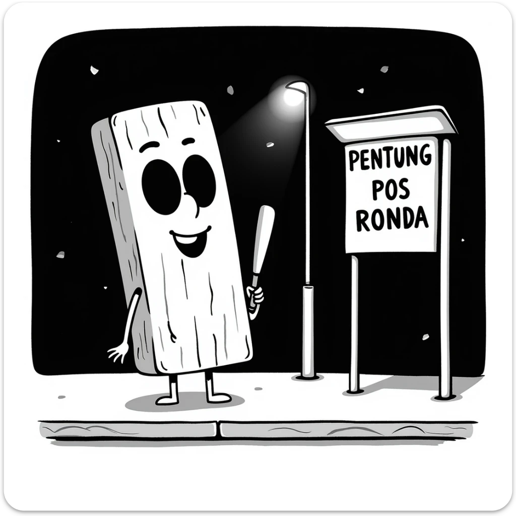 a humanoid wooden club with big cartoon eyes and a wide smile, barefoot, standing at a dark street bus stop under a dim streetlight, holding a bat, with a background sign reading 'Pentung Pos Ronda' sticker