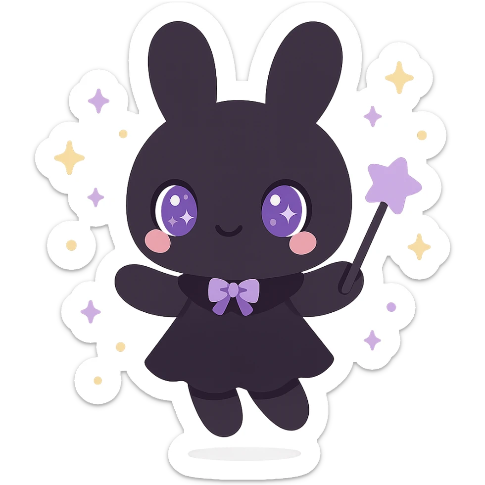 kawaii style magical gothic bunny, adorable face, black fur, purple eyes, holding a magic wand, floating with sparkles, sweet and whimsical sticker