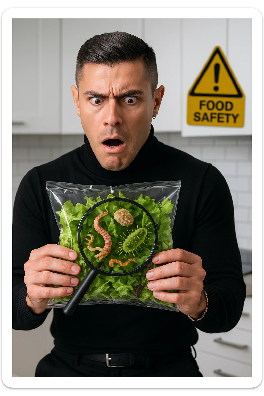 a man holds a bag of salad with both hands, his face frozen in shock as he looks at the contents. Inside the bag, exaggerated but realistic depictions of parasites and bacteria are visible, some highlighted with a magnifying glass overlay. The background is a clean kitchen, and a warning sign appears in the corner to reinforce the message about food safety. sticker