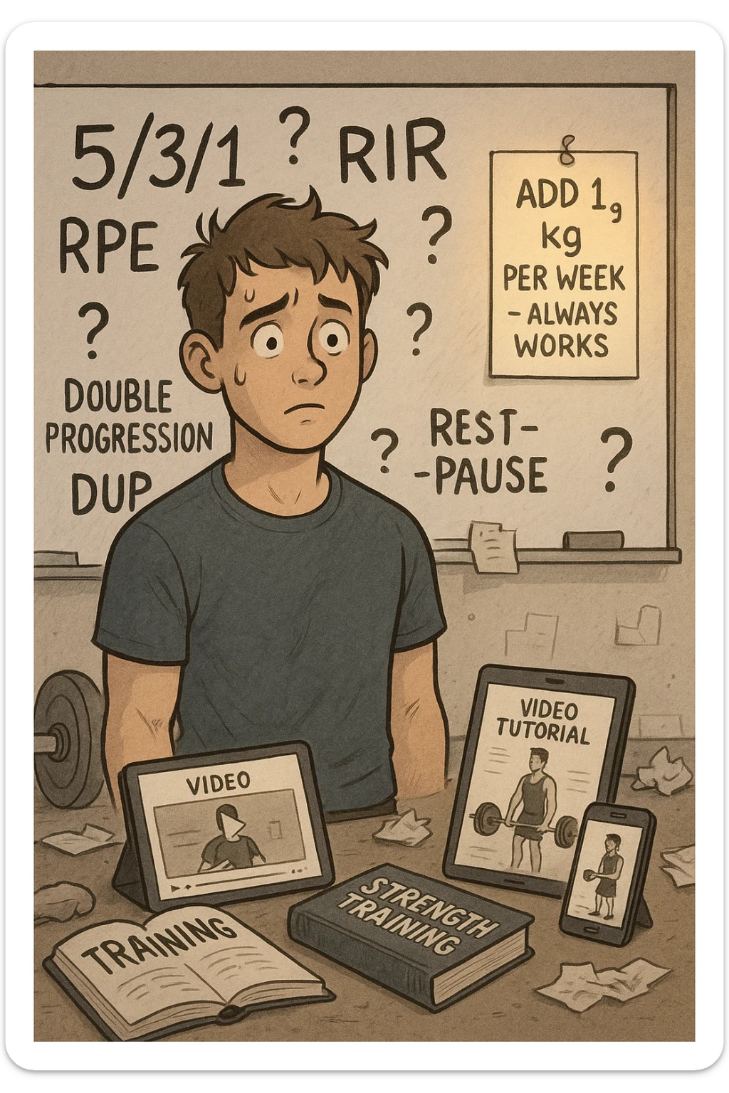 Giovane neofita in palestra, con uno sguardo perso davanti a una lavagna piena di metodi di progressione (5/3/1, RIR, RPE, double progression, DUP, rest-pause). È circondato da libri di allenamento e video tutorial su tablet e smartphone. Dietro di lui, un cartello piccolo ma chiaro: 'Aggiungi 1 kg a settimana – funziona sempre'. Atmosfera caotica intorno, ma luce calda sul messaggio semplice sticker