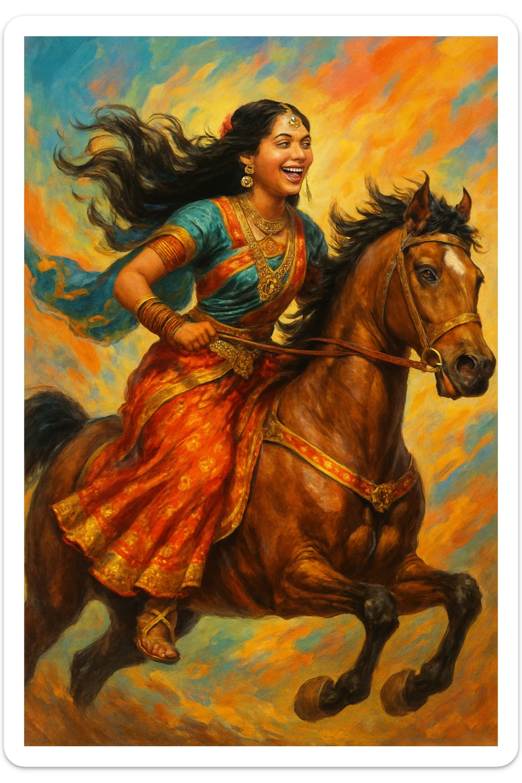 East Indian woman on a galloping horse, traditional attire, wind-blown hair, colorful background, joyful expression, action pose, detailed accessories sticker