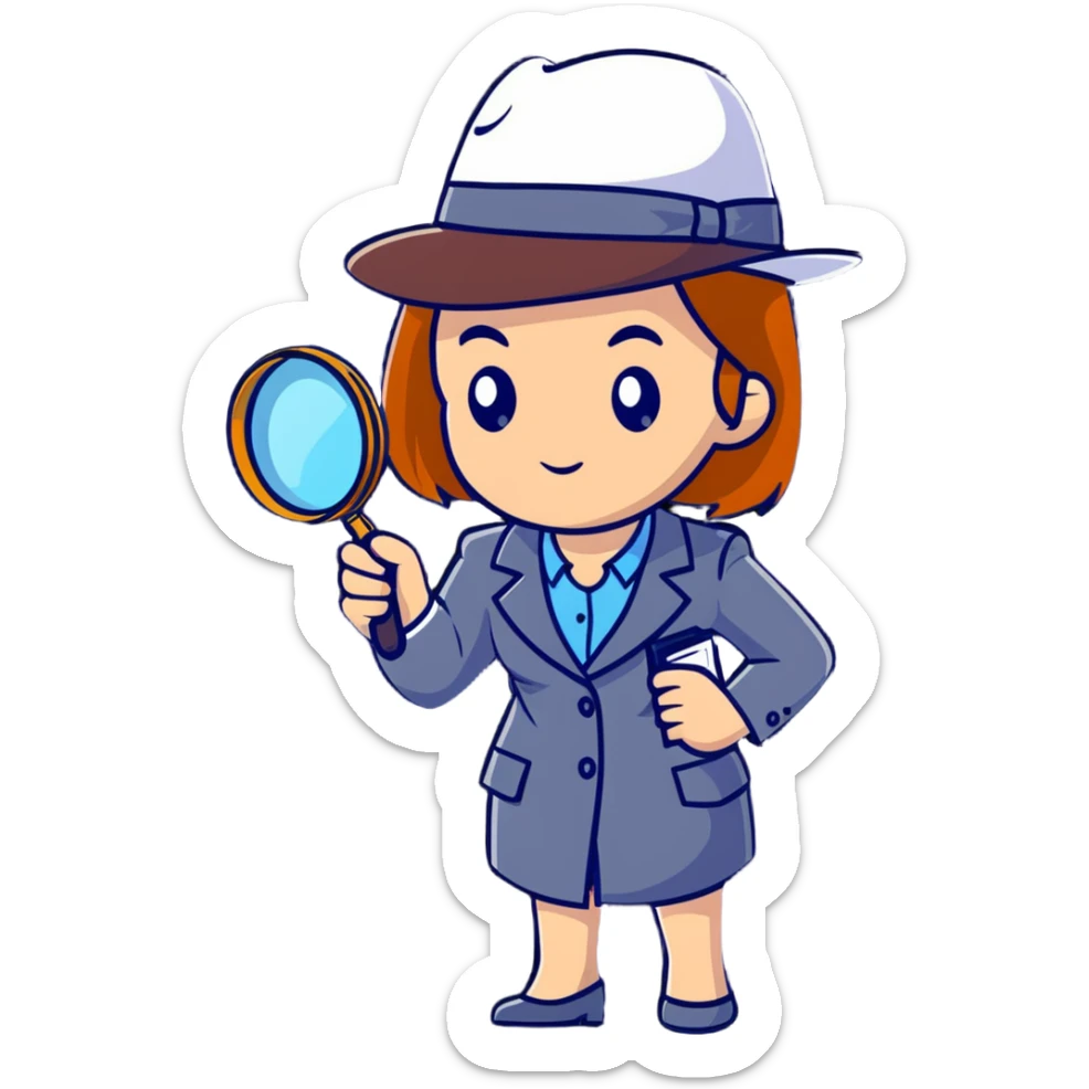 businesswoman with a detective hat and magnifying glass, looking closely at something sticker