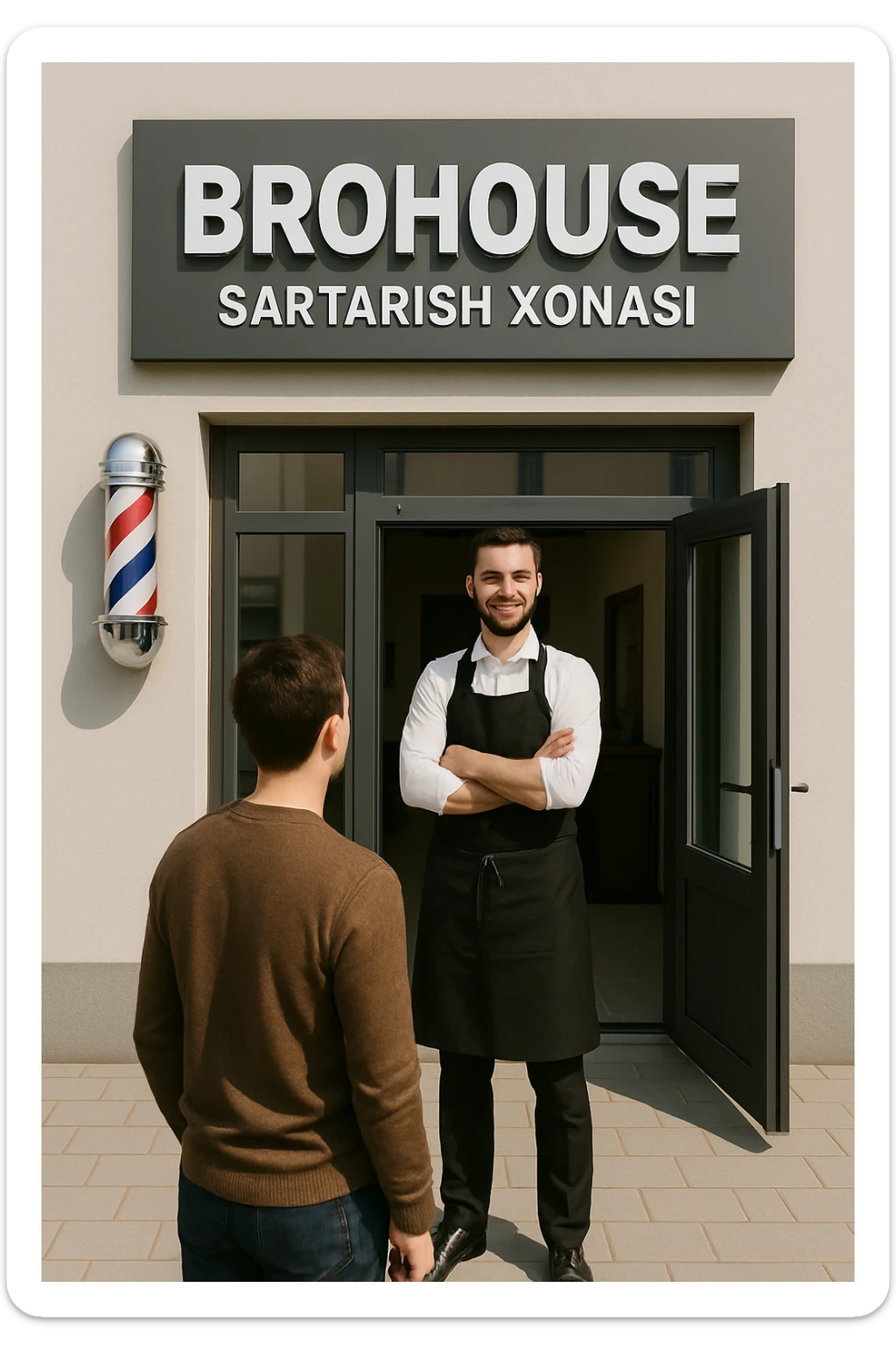 eni shu rasimga boyagi sartaosh oka eshik oldida tursin va tashqarida esa mijoz sticker