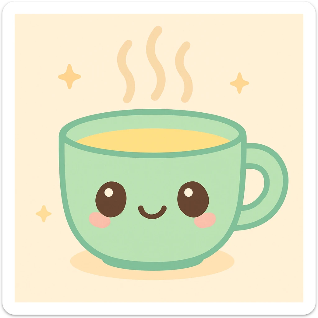 kawaii style hot tea cup with a cozy face, steam rising, pastel green and yellow color palette sticker