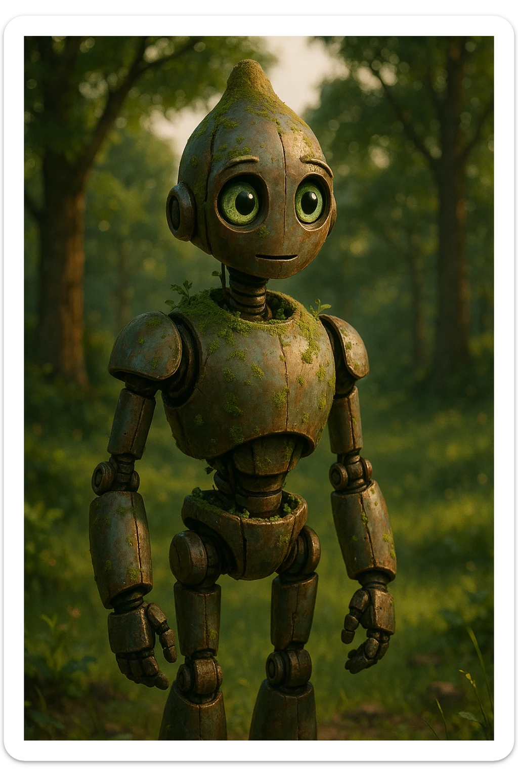 robot character inspired by The Wild Robot movie, standing in a natural outdoor setting, cinematic, detailed, expressive, with a gentle and curious look sticker