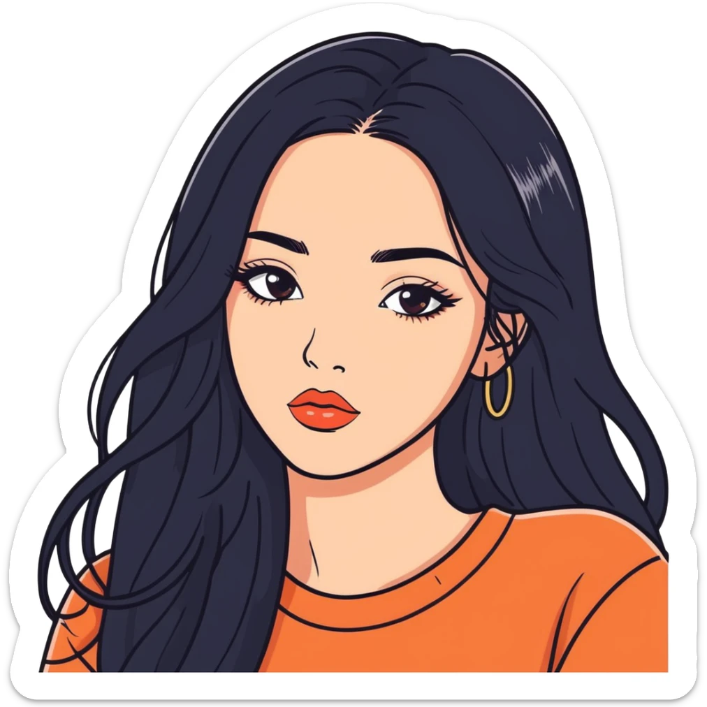 Girl, with long hair, black, and with foxy eyes with lip filler sticker