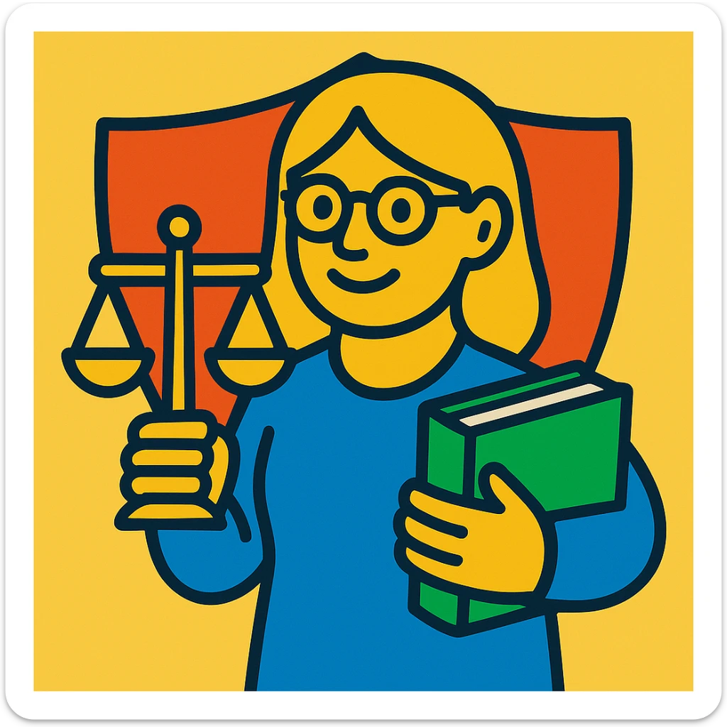 A lady with blond hair and glasses, holding a green book and a gold justice scale, with a shield in the background, in a vibrant toon style. sticker