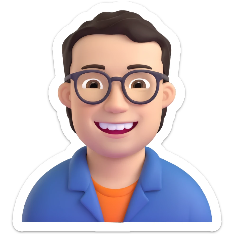smiling dark-haired man with glasses, big teeth, standard male haircut, rural farmer sticker