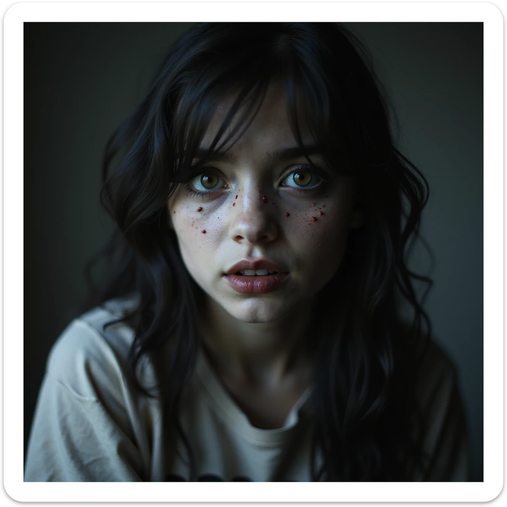 realistic horror portrait of a beautiful scary girl with supernatural beauty, unsettling expression, horror lighting, gothic style sticker