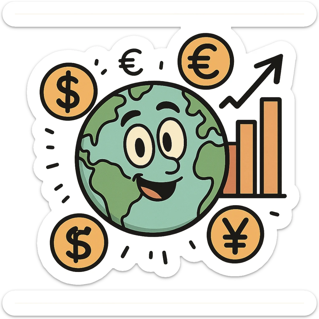 cartoon style icon for economy, featuring a globe, currency symbols, and a bar graph sticker