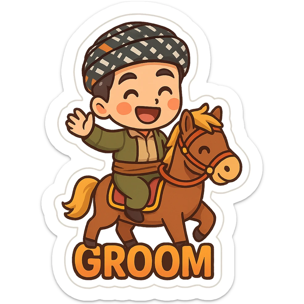 cartoon Kurdish groom wearing traditional clothes, riding a horse, in a separate frame designed for groom, happy and colorful, no text, suitable for WhatsApp and Instagram sticker, transparent background sticker