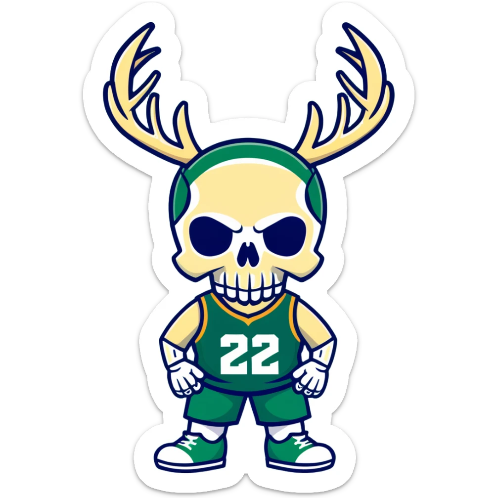 cool skull in Milwaukee Bucks basketball team colors (dark green, cream, and blue) sticker