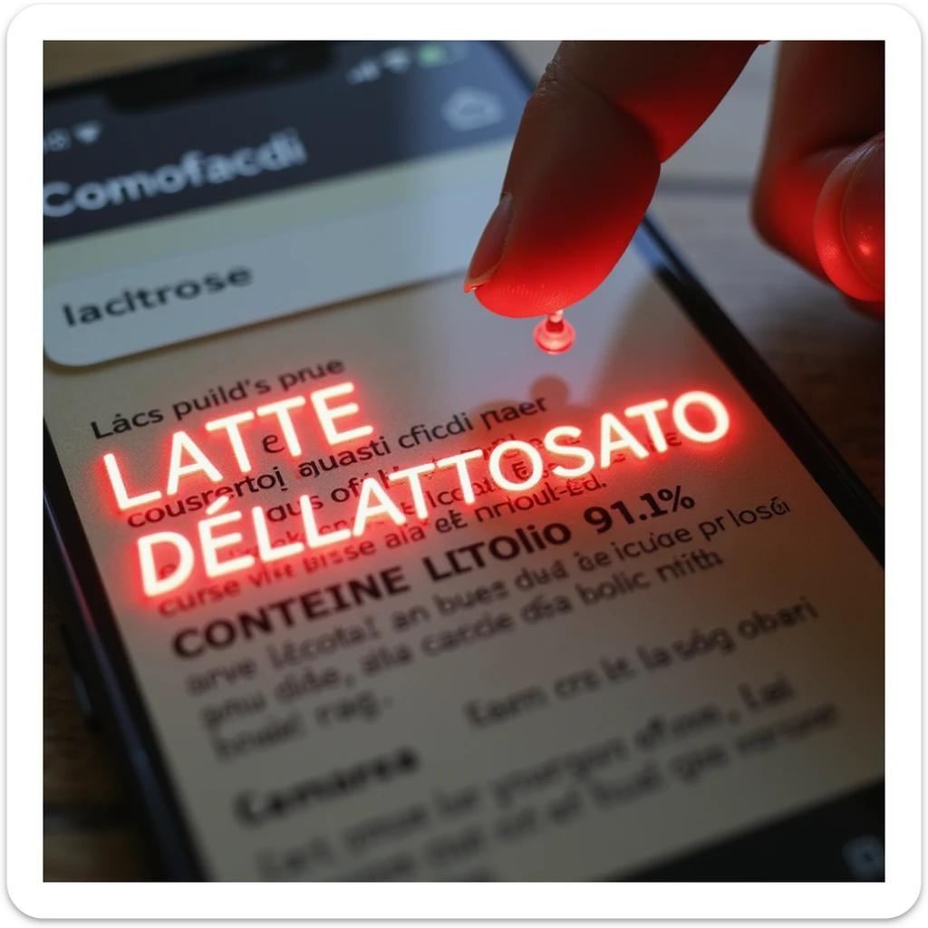 macro shot of a food label with 'LATTE DELATTOSATO (contiene lattosio <0.1%)' glowing red, a man's finger pointing at the text, phone screen showing a Google search for 'Lattasi sintetica effetti collaterali', and a floating lactose molecule adding a dramatic touch, hyper-realistic sticker
