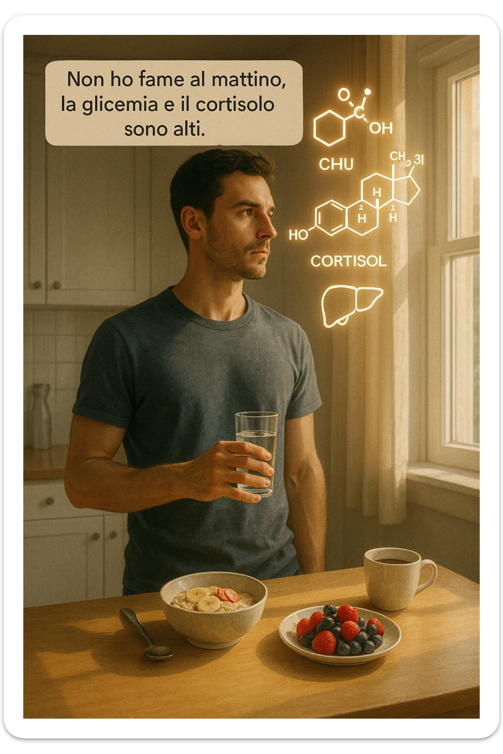 A realistic, cinematic illustration of a man in his early 30s with a lean, healthy build, standing calmly in a bright, minimal kitchen in the early morning. On the kitchen table, there is a prepared but untouched healthy breakfast (oatmeal, fruit, coffee). The man, with a neutral and focused expression, holds a glass of water while looking out of the window where morning sunlight enters. Above him, subtle glowing medical icons display: a glucose molecule, a cortisol hormone symbol, and a liver icon, indicating high morning blood sugar and cortisol levels. A small speech bubble or text overlay says: ‘Non ho fame al mattino, la glicemia e il cortisolo sono alti.’ The scene conveys a sense of calm, clarity, and body awareness, showing that the man consciously avoids breakfast due to physiological signals rather than restrizione. The style is realistic, warm, with a slight film grain, emphasizing health and conscious self-regulation. sticker