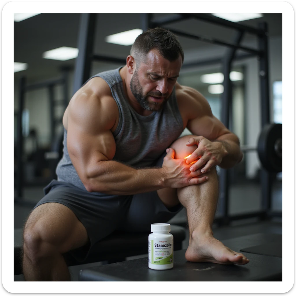 European powerlifter in competition clothing, sitting on a bench in a gym, massaging knee with painful expression, bottle labeled 'Stanozololo' nearby, realistic atmosphere, detailed joint pain, gym background sticker