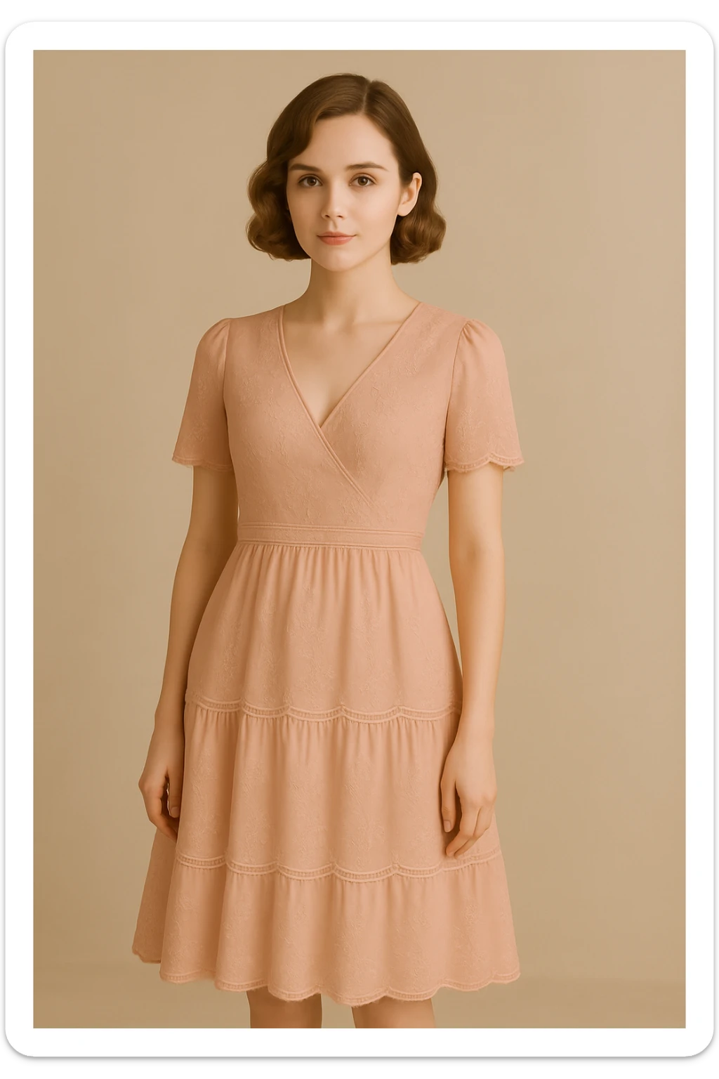 Change the pink dress to a soft blush pink with floral embroidery, keep the rest of the look the same, romantic and graceful style. sticker