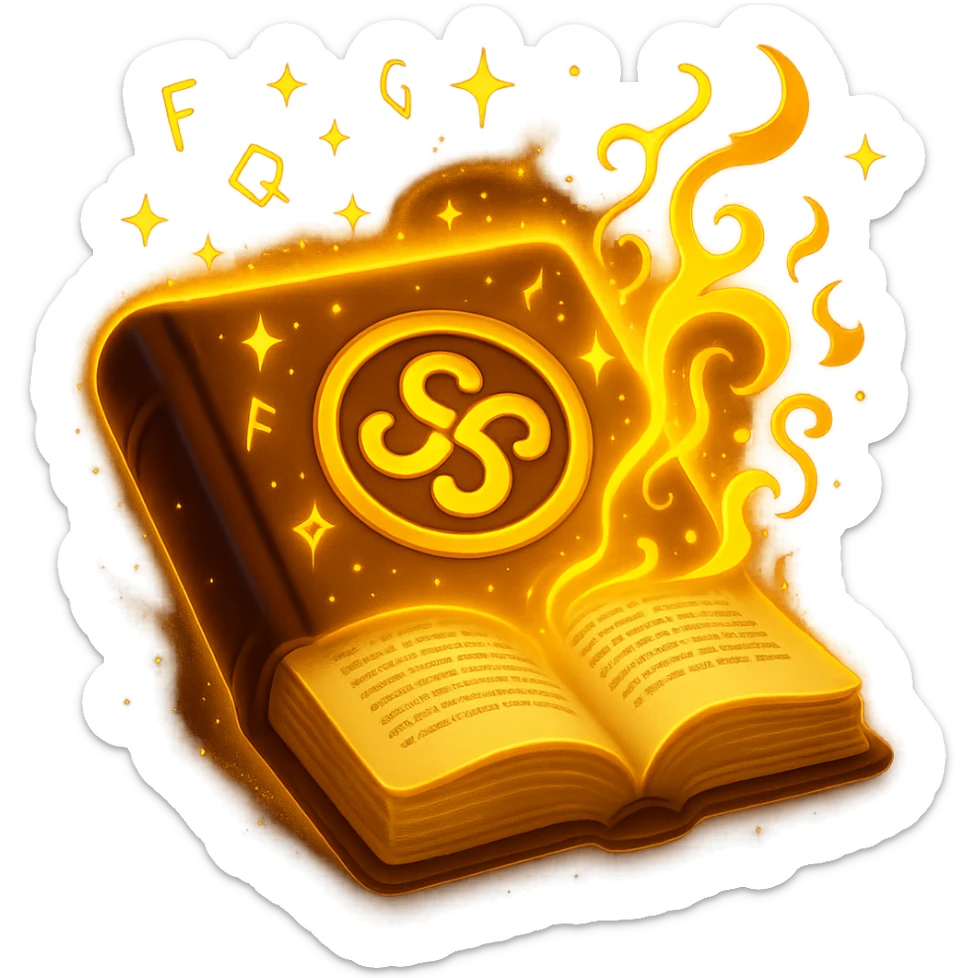 Make the mystic yellow book even more mystical in the style of apple emojis. Add a glowing magical aura, floating runes, swirling sparkles, and mysterious energy around the book. Keep no background. sticker