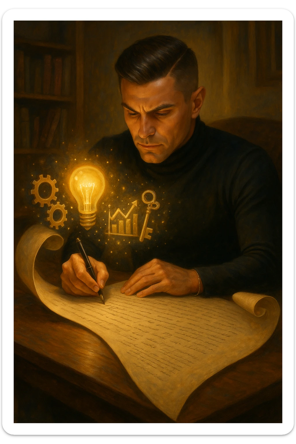 Un uomo concentrato, seduto alla sua scrivania in una stanza con luce calda, sta scrivendo su un enorme foglio di carta che si espande magicamente davanti a lui. Mentre scrive, le parole si trasformano in elementi visivi tridimensionali che rappresentano le soluzioni ai suoi problemi in italiano sticker