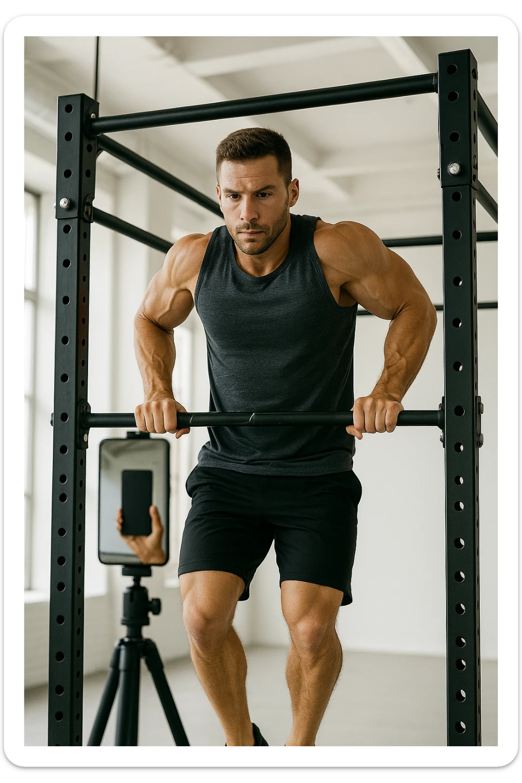 uomo che fa Muscle up e si sta filmando davanti con il telefonino per vedere la sua posizione dei gomiti e delle mani sulla sbarra sticker