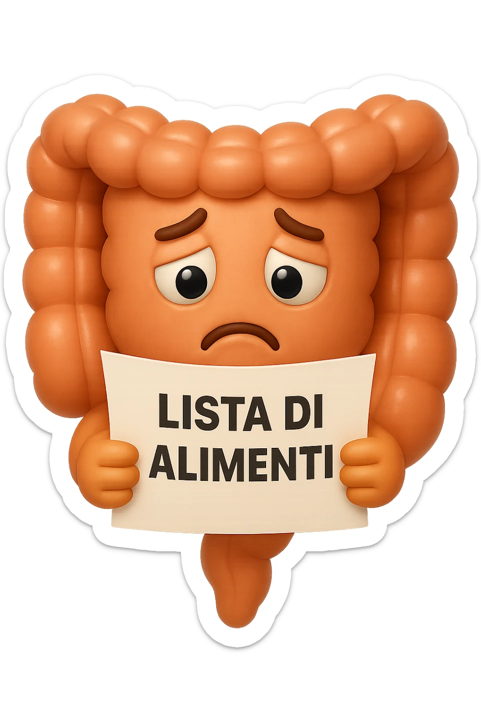 EMOJI STILE IPHONE DI UN INTESTINO CHE LEGGE UN FOGLIO CON LA SCRITTA "lista di alimenti" ed espressione triste in volto, IPERREALISTICO 4K sticker