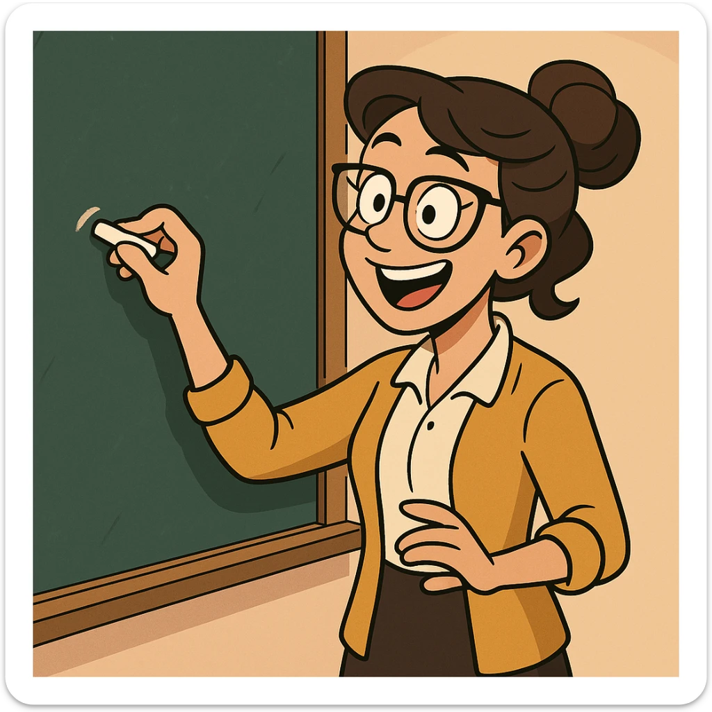 cartoon female teacher with glasses, writing on a chalkboard, cheerful and animated, cartoon style sticker
