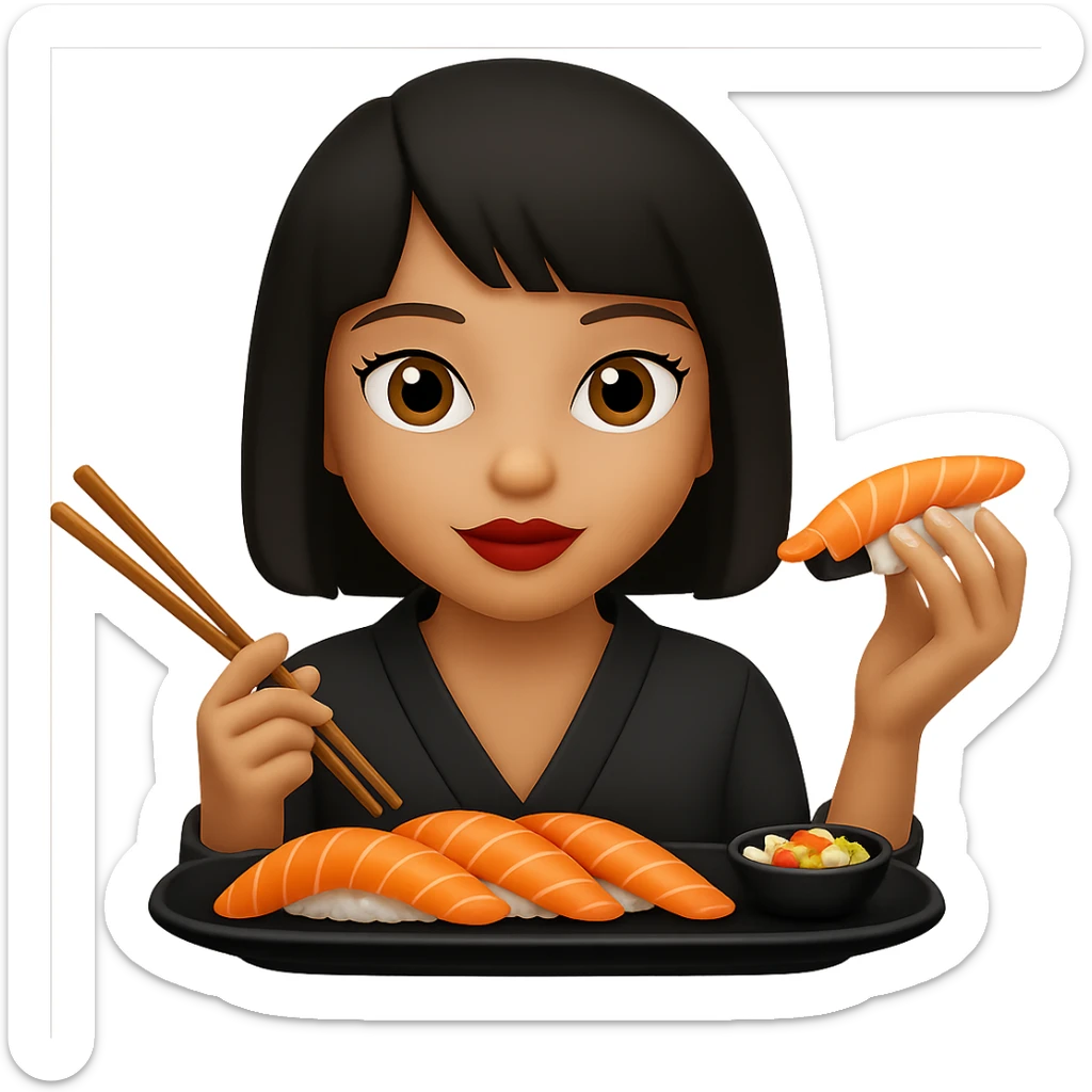 Edit the image of a girl eating sushi to have a short bob hairstyle. Keep the same style as the original image. Remove the background. sticker