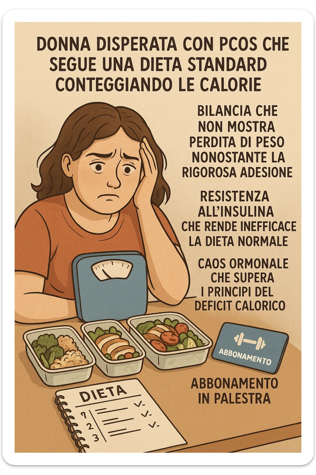 "Desperate woman with PCOS following standard calorie-counting diet, scale showing no weight loss despite strict adherence, expression of confusion and defeat, meal prep containers with healthy foods, insulin resistance making normal dieting ineffective, hormonal chaos overriding caloric deficit principles, gym membership unused due to lack of results scritte in italiano sticker