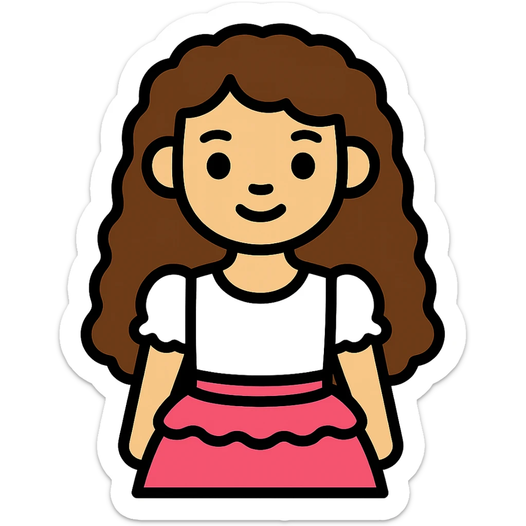 Make the girl with longer curly brown hair, keeping her light skin, brown eyes, white blouse with ruffles, and pink skirt with ruffles, no background. sticker