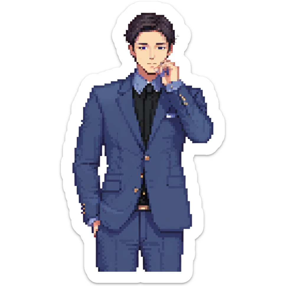 Flat pixel art, focused and confident male strategist, fair skin, short sleek dark hair, intense sharp eyes, wearing a deep indigo suit jacket over a black shirt, holding a blueprint in one hand, other hand thoughtfully touching chin, waist-up, front-facing sticker