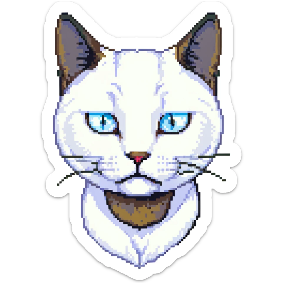 a close up portrait of a realistic adult white cat with black ears, he is giving skeptical slant eyed side-eye to the camera, cutscene graphic
 sticker