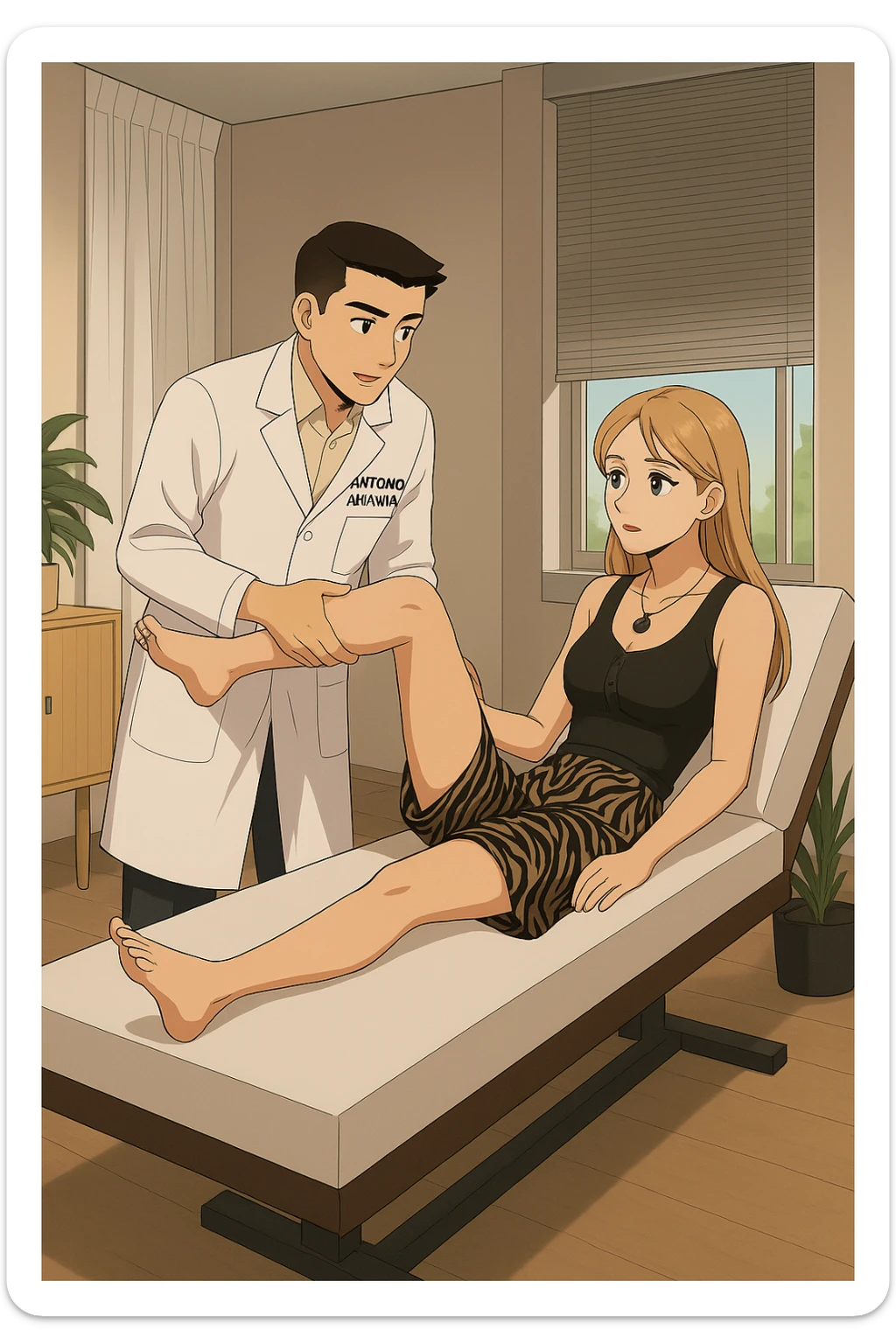 fai un webtoon/manga a colori con questo kinesiologo in camice bianco (fagli la scritta "ANTONIO ANANIA" SUL CAMICE) CHE SVOLGE UN TEST NEUROMUSCOLARE SOLLEVANDO UNA GAMBA ALLA RAGAZZA CHE è STESA SU UN LETTINO BIANCO. STANZA SEMPLICE E MODERNA, DURANTE IL TEST I DUE DIALOGANO TRA LORO. NON FARE I FUMETTI, FAI SOLO LORO COME SE DIALOGASSERO sticker