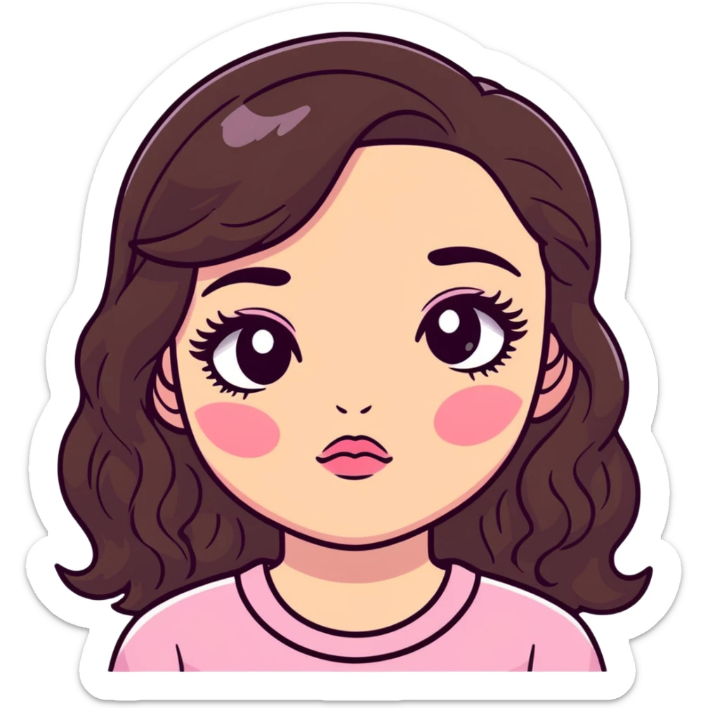 girl with light wheatish skin, dark brown long wavy hair, pouty shiny lips with berry lip gloss, large eyes with eyelashes, pink blush on cheeks, inner eye highlighted with white eyeliner, button nose sticker