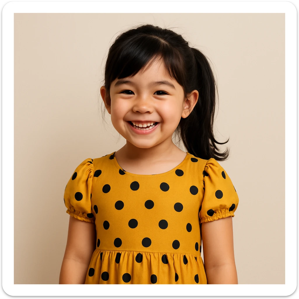 girl wearing a dress, black hair styled in a ponytail, cheerful, plain background sticker