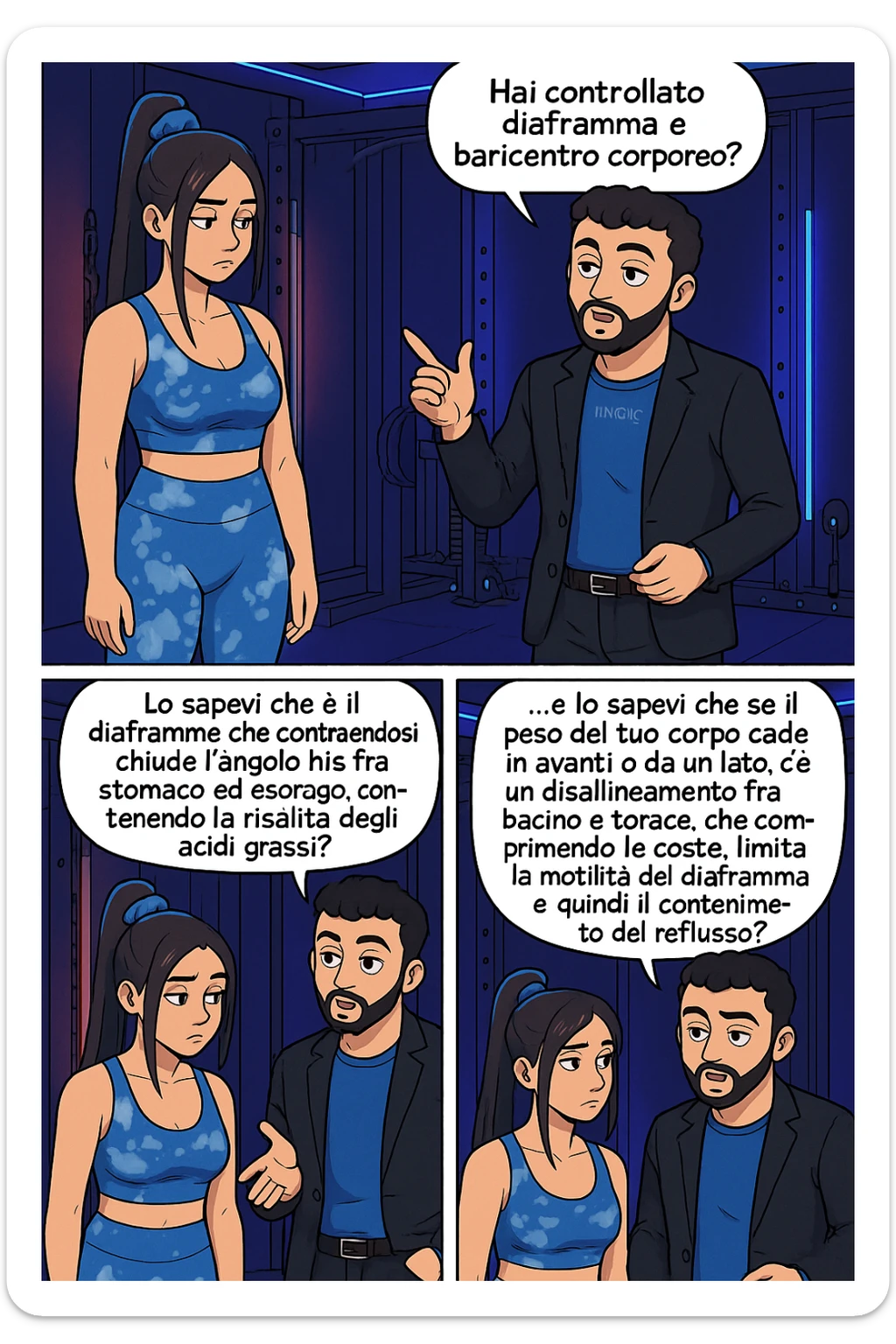TRASFORMA QUESTO CAROSELLO IN UN FUMETTO STILE WEBTOON/MANGA A COLORI CON QUESTE DUE PERSONE IDENTICHE CHE INTERLOQUISCONO TRA LORO, L'uomo sta spiegando alla donna questo concetto:

LUI (UOMO): Hai controllato diaframma e baricentro corporeo?
LUI (UOMO): Lo sapevi che è il diaframma che contraendosi chiude l’angolo his fra stomaco ed esofago, contenendo la risalita degli acidi grassi?
LUI (UOMO): …e lo sapevi che se il peso del tuo corpo cade in avanti o da un lato, c’è un disallineamento fra bacino e torace, che comprimendo le coste, limita la motilità del diaframma e quindi il contenimento del reflusso? sticker