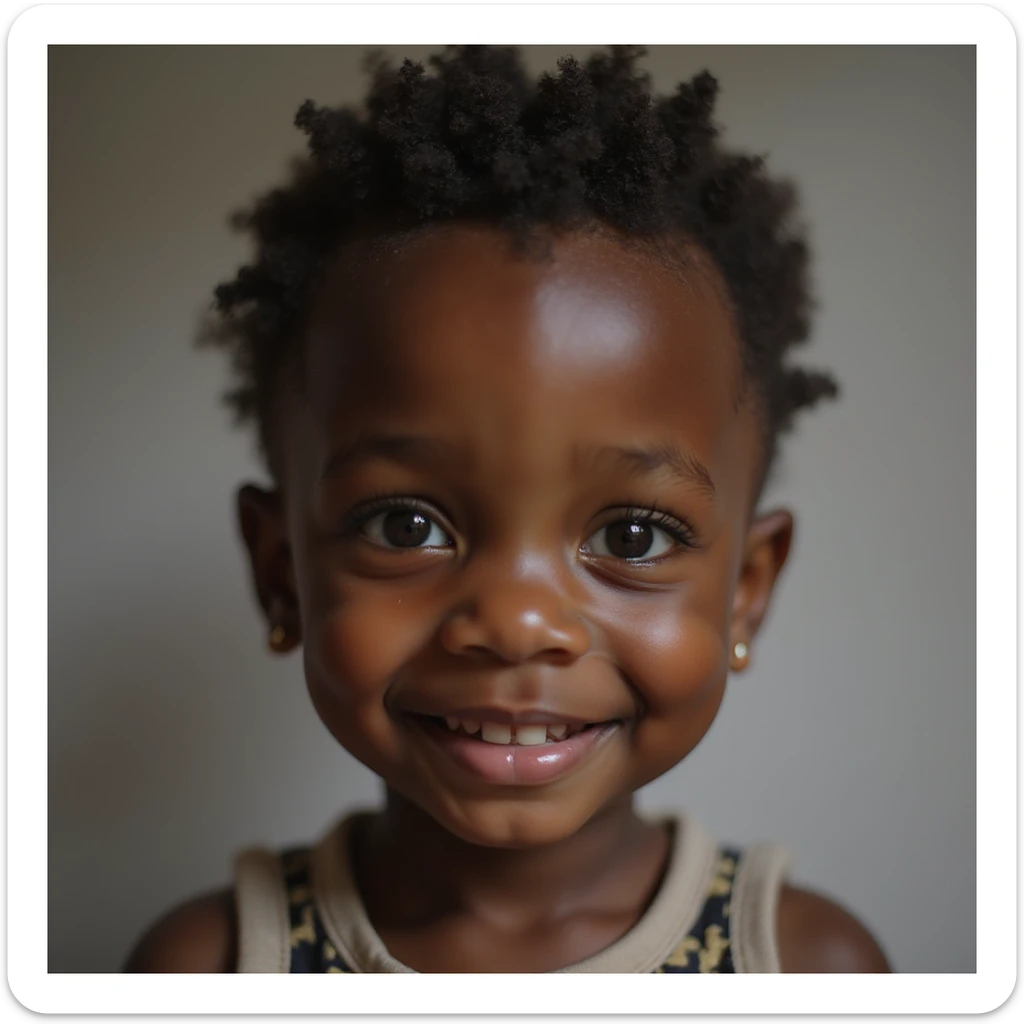 a little black child in realistic style, smiling, lifelike details, natural skin tone, detailed face sticker