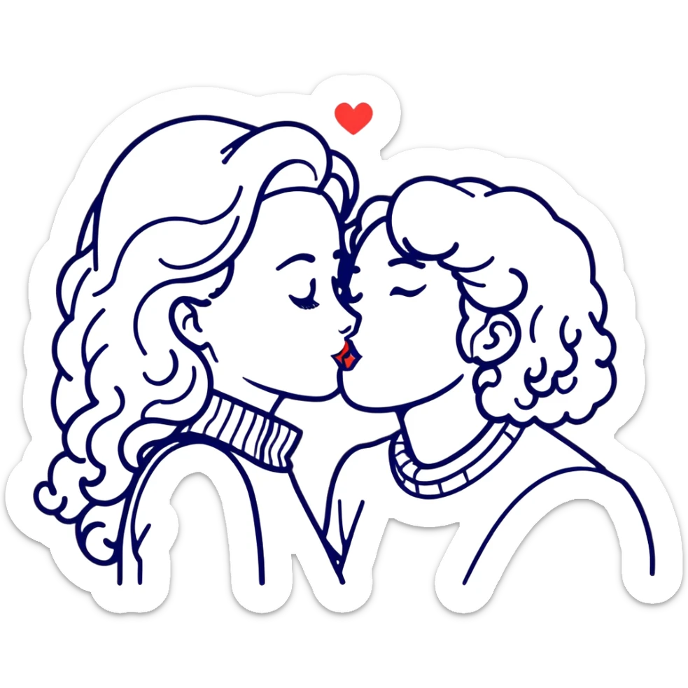 curly haired girl kissing a man with a beard, romantic couple kiss sticker