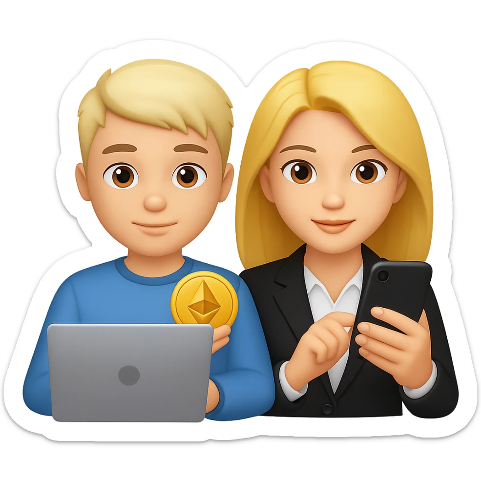 Combine the crypto investor man and girl together in an emoji style. The man should have a computer and the girl should have a mobile phone. Both are surfing the web for crypto knowledge. No background. sticker