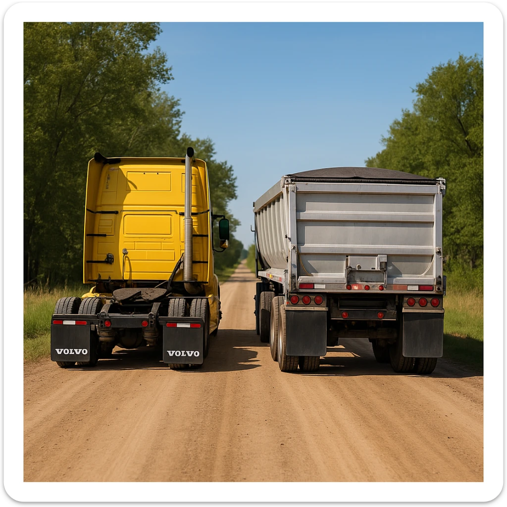 ultra-realistic rear view of a Volvo yellow semi sleeper truck and silver end dump trailer, both in normal position, driving away down a photorealistic dirt road with trees and grass on both sides, blue sky sticker
