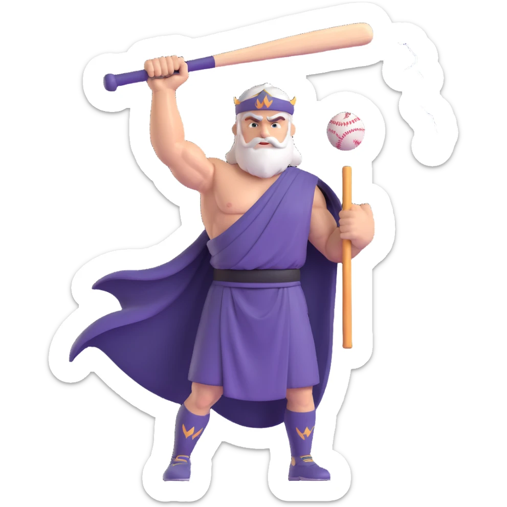 a heroic baseball god in a toga and jersey, bat raised, lightning crackling around sticker