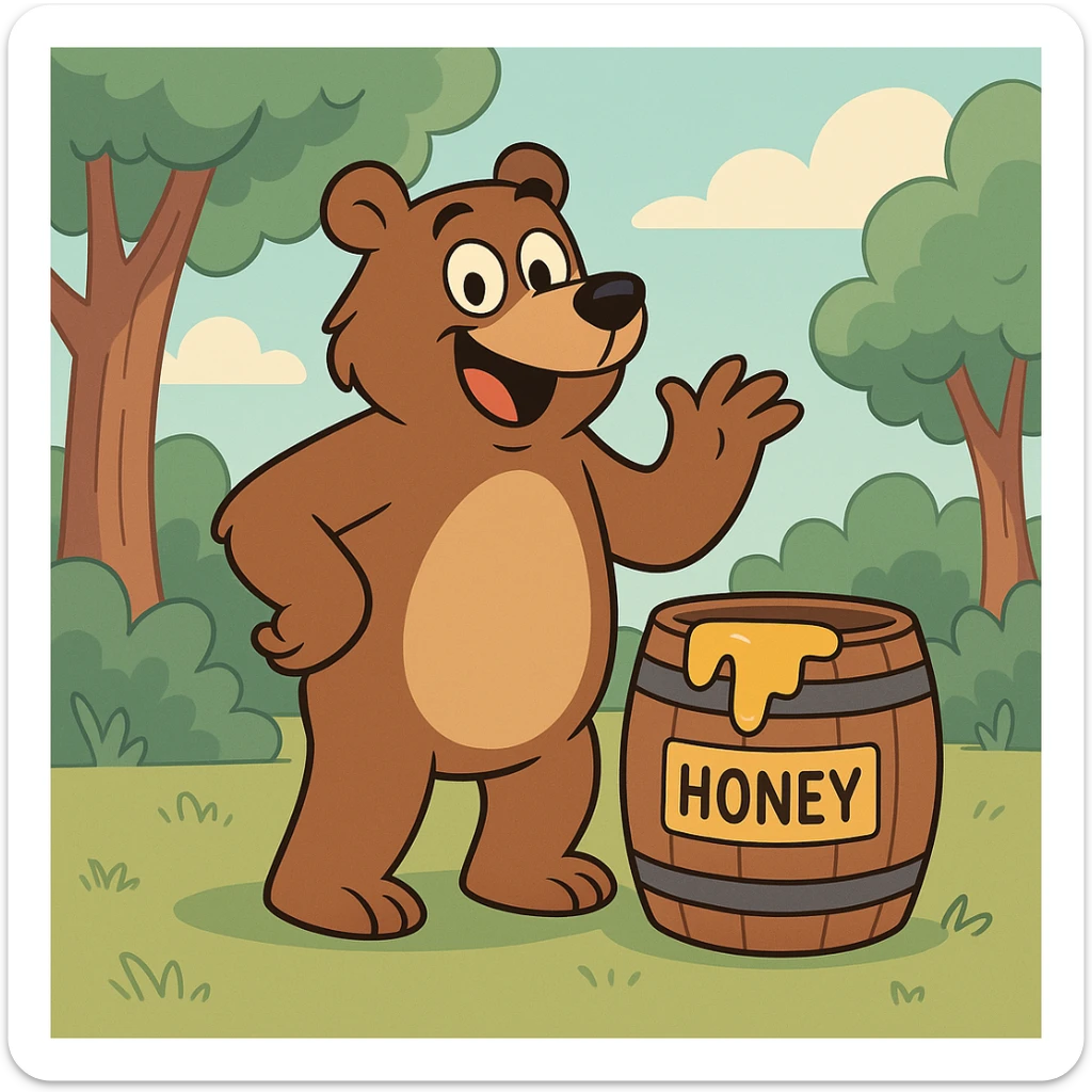 cartoon scene of a happy playful bear standing next to a honey barrel in a bright cheerful forest with trees bushes and blue sky sticker