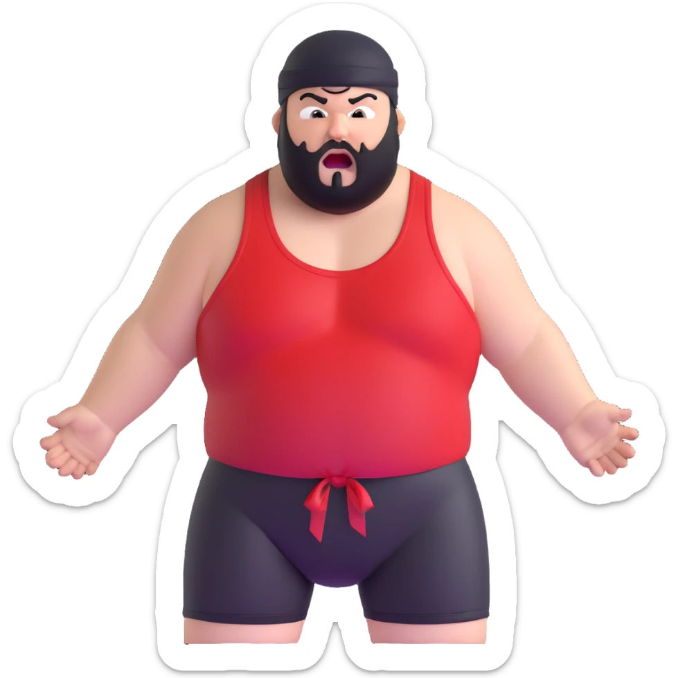 Extreme close-up of face of morbidly obese white skin guy with young face, prominent BLACK DURAG tied clearly on head, black beard but no mustache, clean shaven upper lip, black eyes in a red and black wrestling singlet with mouth wide open screaming angrily sticker
