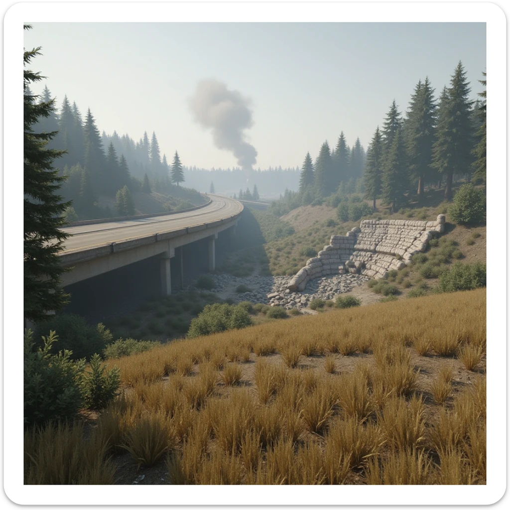  a screenshot of a location in a videogame  the image of the scene consists of: a tall above-ground freeway with a collapsed section in the distance, a wooded area, a small field of wheat, a tall workshop in the distance, and 2-foot tall sandbag wall-fortifications. distant smoke sticker