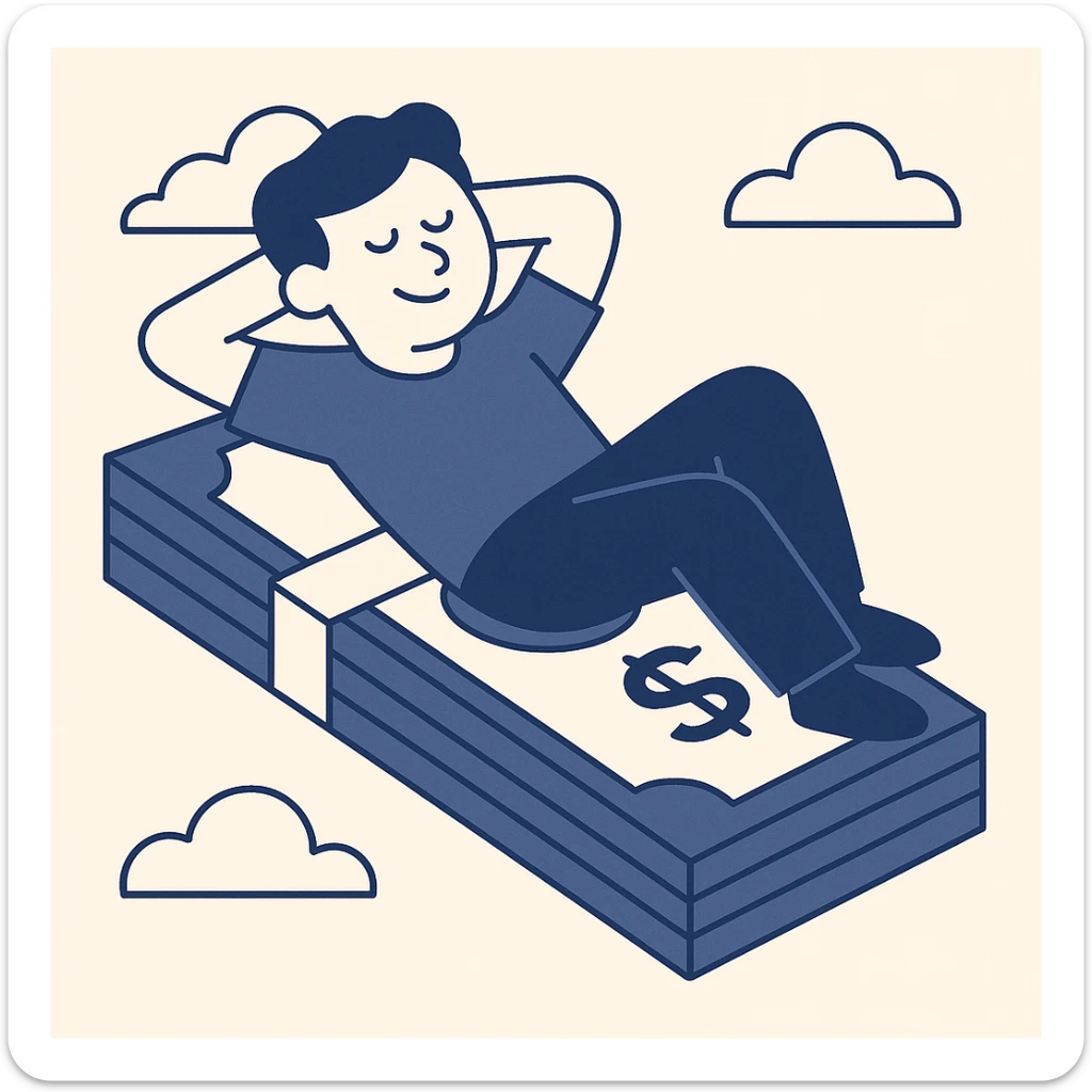 happy person napping on mattress of money sticker